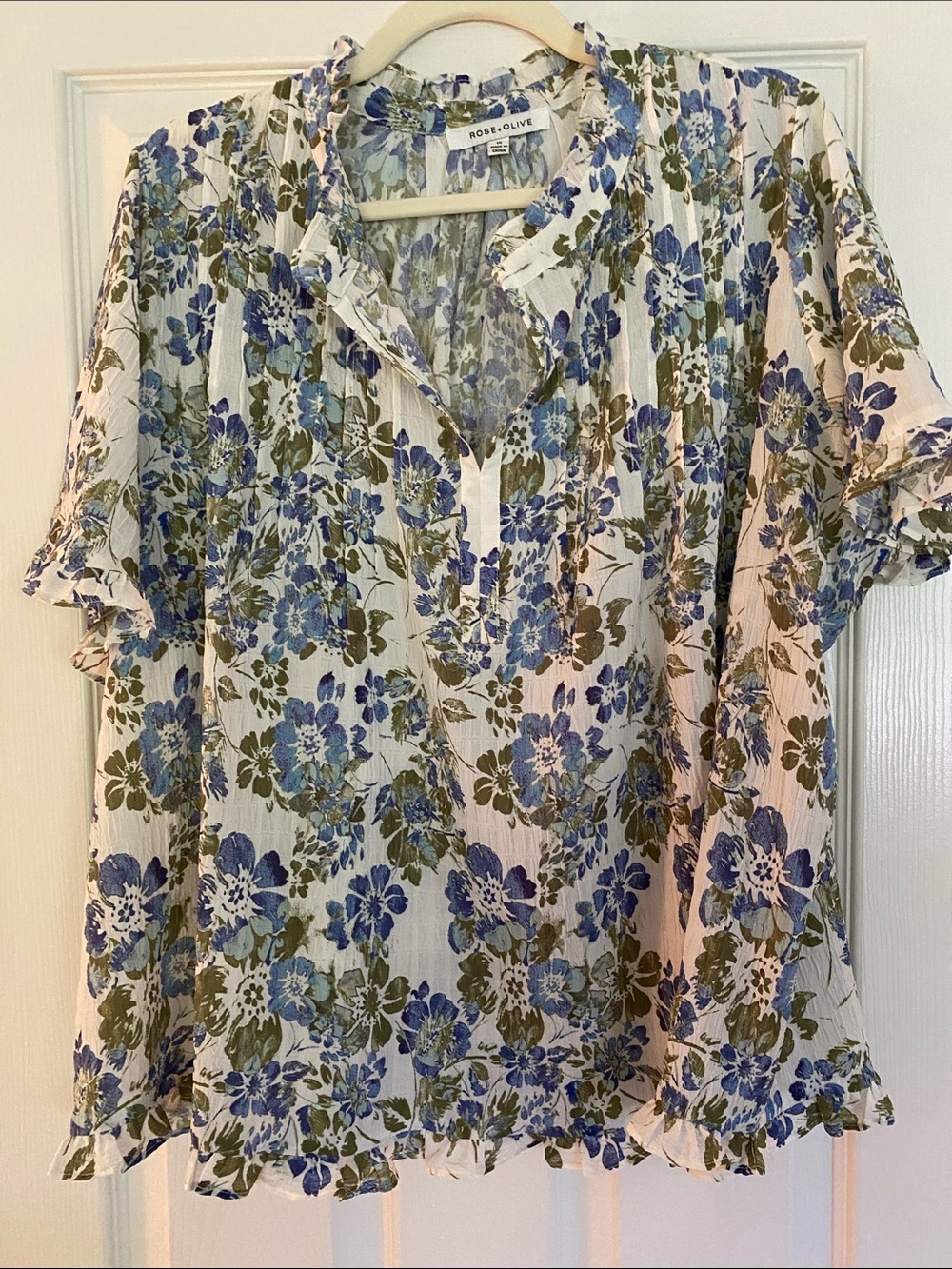 Rose & Olive Cream Blouse with Blue and Green Floral Print